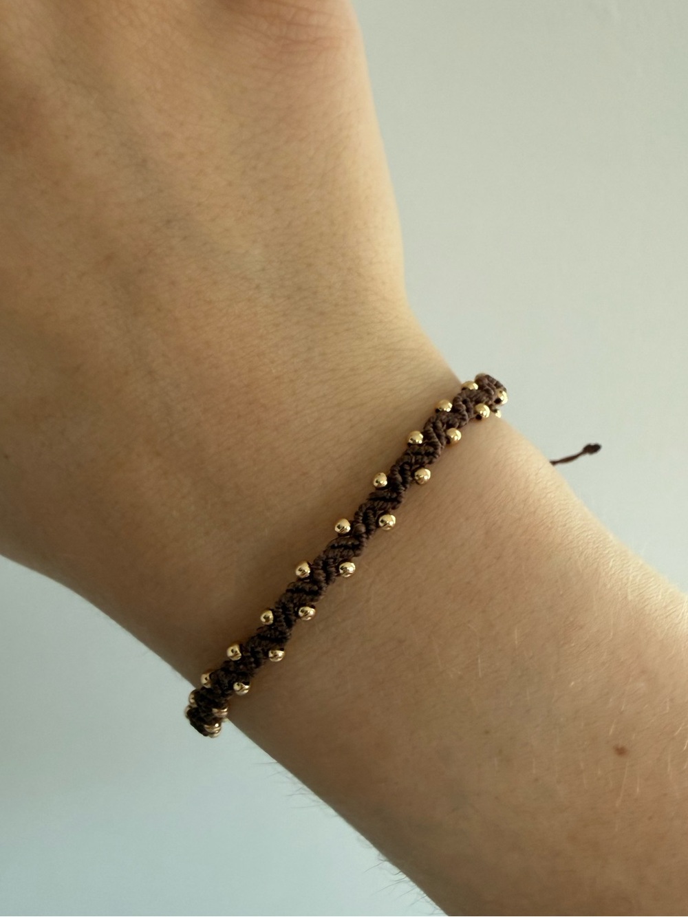 Micro Macrame Bracelet, Handmade, Brown With Gold Beads, Adjustable